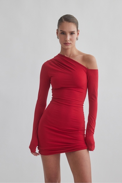 One Shoulder Open and Gathered Stretchy Sandy Dress
