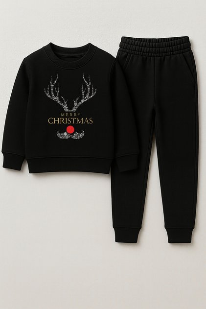 New Year 2026 Santa Claus Christmas Printed Crew Neck Black Children's Tracksuit Bottom Top Set