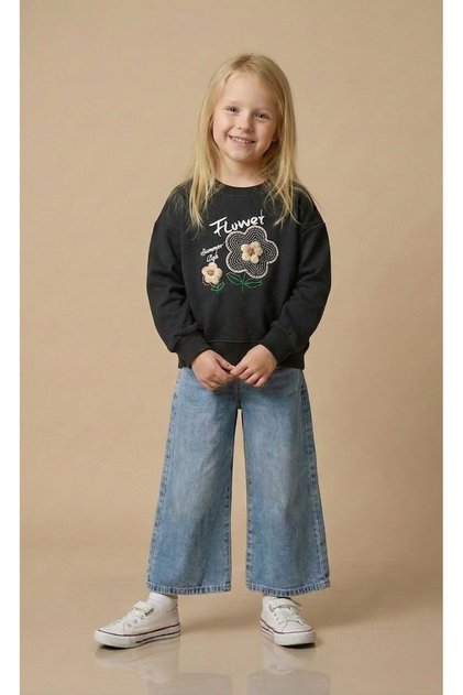 Girl's Floral Embroidered Sweat Jeans Pants Top and Bottom Set
