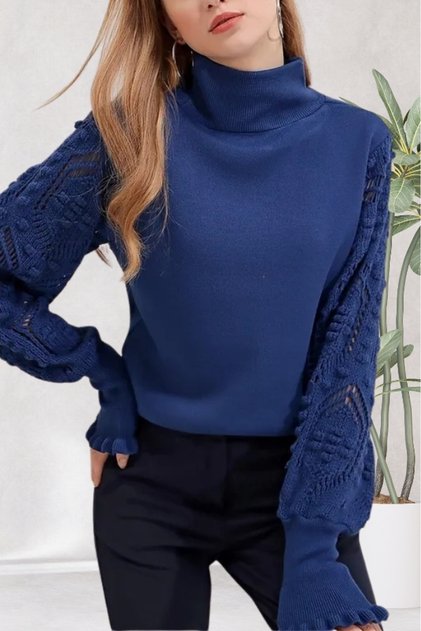 Women's Cobalt Blue Half Turtle Sleeve Lace Detailed Sweater