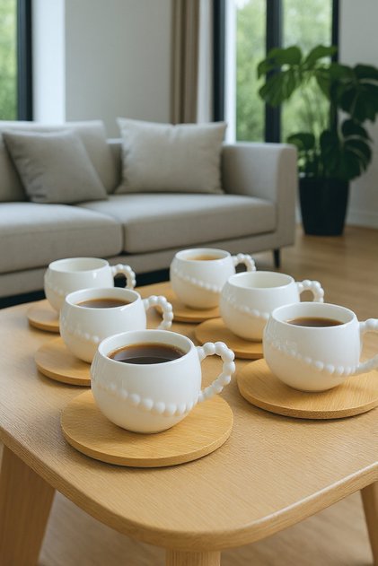 6'lı Porselen Kahve Fincan Takımı - Bambu Altlıklı Şık Modern Tasarım