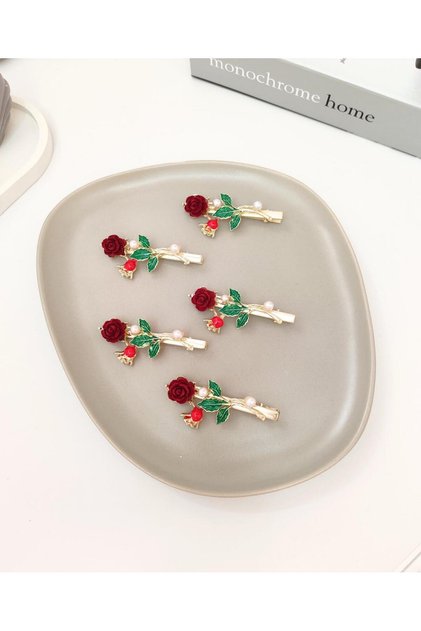 Gold Color 7 cm Metal Clip with Rosewood and Flocked Rose Figure Pearl Detail