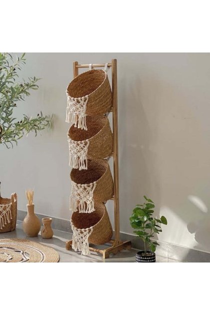 ستاند خشب سلال خوص Wooden Ladder Shelf with Natural Seagrass Baskets