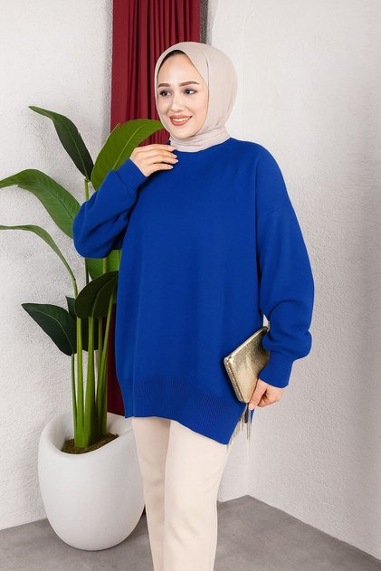 Γυναικεία ρούχα Testtur Clothing με λαιμόκοψη, σχισμή, στρας και μανίκια μπαλόνι, oversized Κομψό πλεκτό τουνίκ