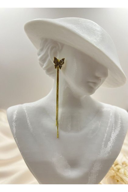 Gold Color Butterfly Detailed Long Chain Dangle Earrings – Elegant and Sparkling Design