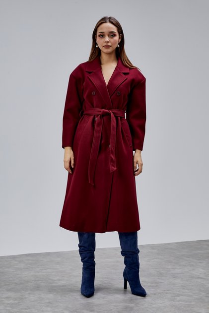 Burgundy Double-Breasted Closure Waist-Tied Wide Fit Cashmere Coat