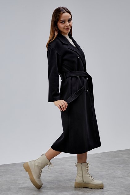 Black Double-Breasted Closure Waist-Tied Wide Fit Cashmere Coat