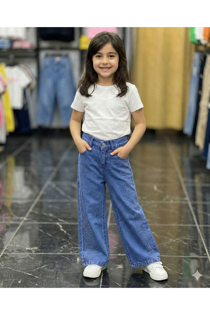 Girl's Jean Trousers Palazzo Wide Leg Stone Detailed Jeans