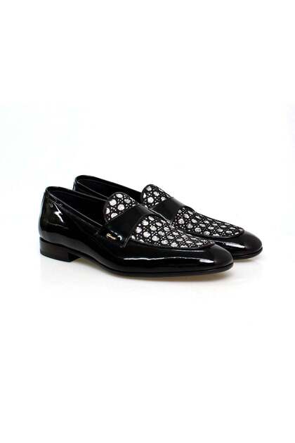 Black Color Laceless Genuine Leather Stone Men's Shoes