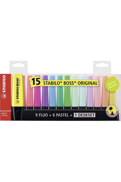 Markere evidențiatoare BOSS originale, set de 15 culori (9 fluorescente, 6 pastelate) cu suport de birou