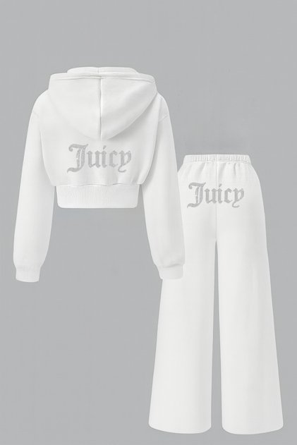 Women’s Juicy Crystal Stone Printed Tracksuit Set Hooded Cropped Sweatshirt Baggy Sweatpants Two-Piece Set