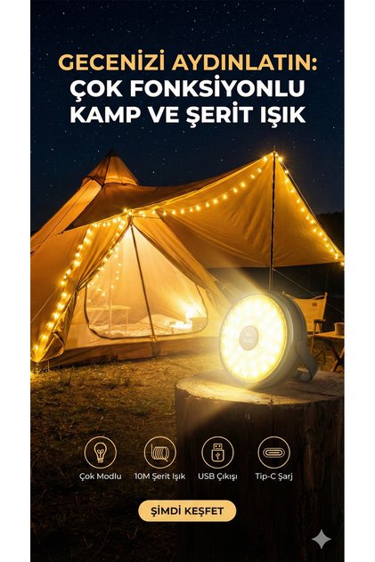 Makaralı RGB Şerit Ledli Şarjlı Kamp ve Çadır Lambası (Sarı Işık & Renkli Mod)"