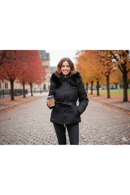 Jachetă elegantă de damă - Neagră, cu glugă și guler detașabil din blană - Mărimea XL
