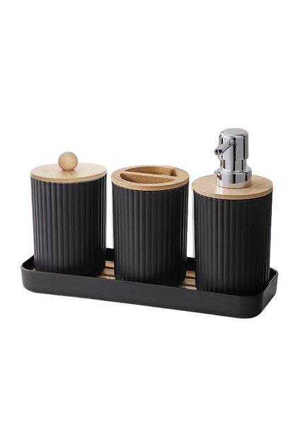 black Bathroom Accessories Set Vanity Counter Soap Dispenser Toothbrush Cotton Swab Holder and Tray