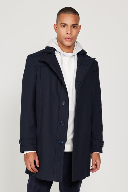 Navy Blue Standard Fit Regular Cut Mock Neck Wool Patterned Coat