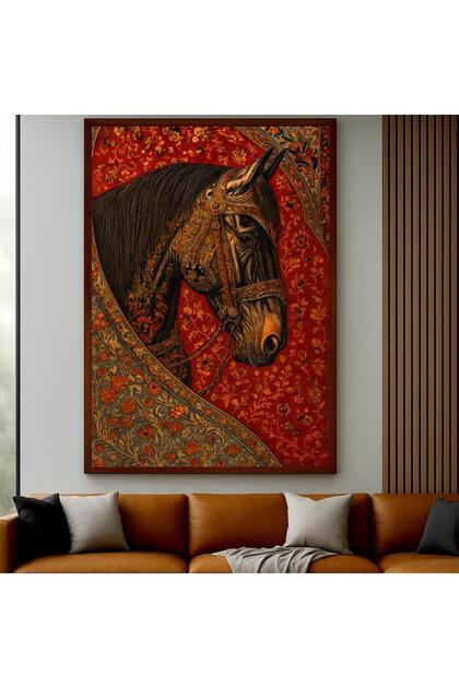 لوحة قماشية بتصميم خيل مع برواز بني مجوف