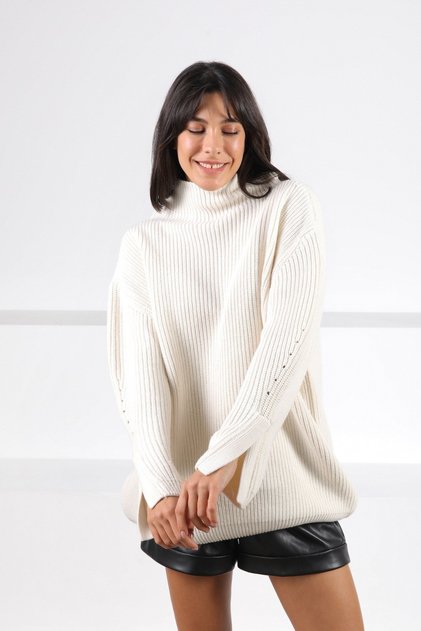 Ecru Sleeve Slit Turtleneck Cashmere Women's Knitwear Sweater