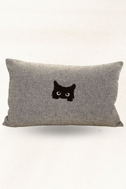 100% Linen Embroidered Decorative Pillow – Black Cat Patterned Stuffed Throw Pillow