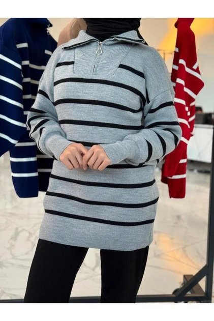 Women's Hijab Clothing Stand Collar Vertical Striped Zippered Knitwear Tunic-Sweater