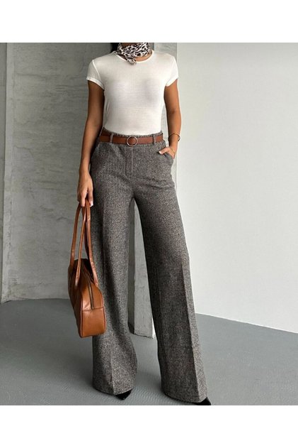 Women's Wide-Leg Brown High-Waist Wide-Leg Office Fabric Trousers