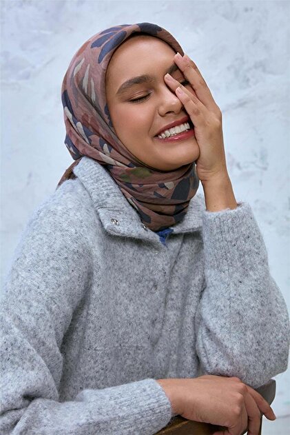 Viscose Velora Scarf Brown-Navy Blue-Green Patterned Non-Slip Textured Standing Upright 90X90