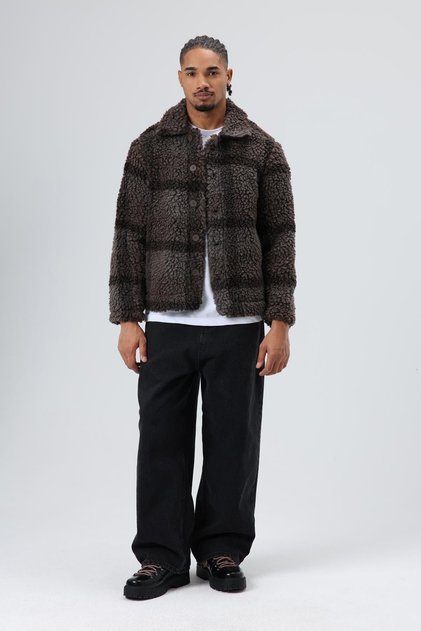 Oversized Plush Plaid Jacket Brown