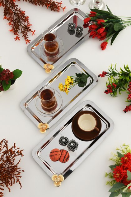 Kumbet Silver Rectangular Stainless Steel Gold Flower and Stone Detailed 3-Piece Coffee Serving Presentation Tray