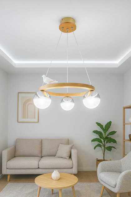 Wood Led 3'lü 3 ışık Renk Avize Çember