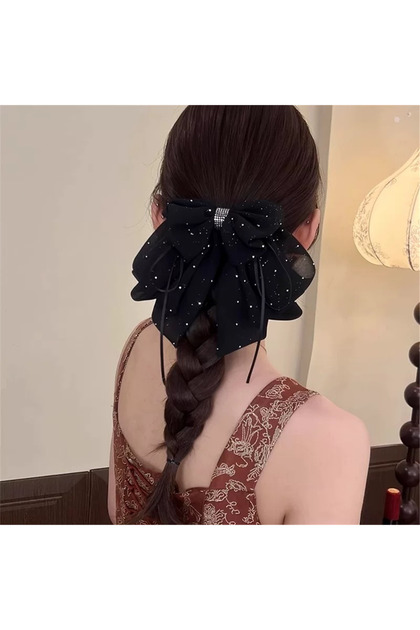 Black glitter tulle and stone detailed bow hair clip