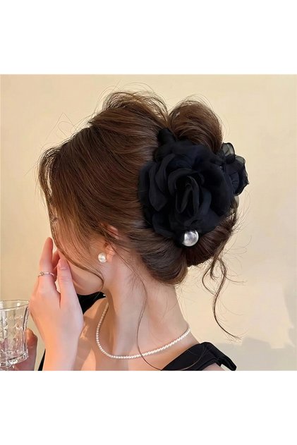 Black Chiffon Fabric Pearl Large Rose Latch Buckle