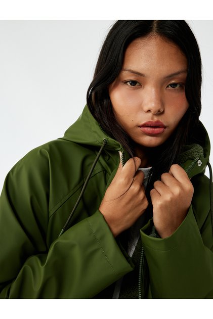 Leather-Look Waterproof K Hooded Coat with Faux Fur Inside and Zippered Pockets