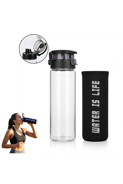 Sticlă de apă sport de 550 ml, sticlă borosilicată cu capac din plastic fără BPA, mâner, transparent/negru