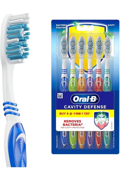 Cavity Defense Soft Manual Toothbrush For Adults, Soft Bristles, Removes Bacteria for Cavity Protection, Multicolour, Oral B Dentist Recommended Brand (Super Saver Family Pack of 6)