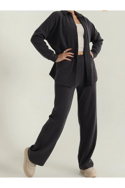 Women's Oversize Fit Selanik Fabric Shirt Pants Top Quality Bottom Top Double Set