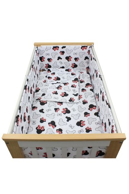 Set de lenjerie de pat pentru pătuț, 5 piese, cu funde roșii, bumbac, 120x60 cm, alb