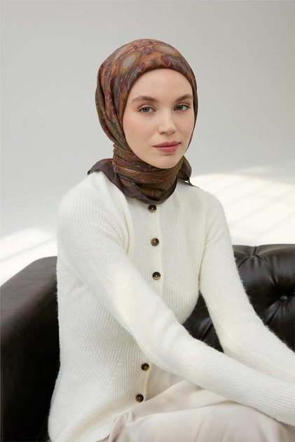 Viscose Velora Scarf Earth Multi-Colored Patterned Tok Duruşlu 90X90