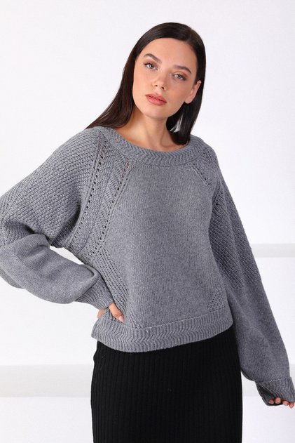 Gray Round Neck Wool Women's Knitwear Sweater