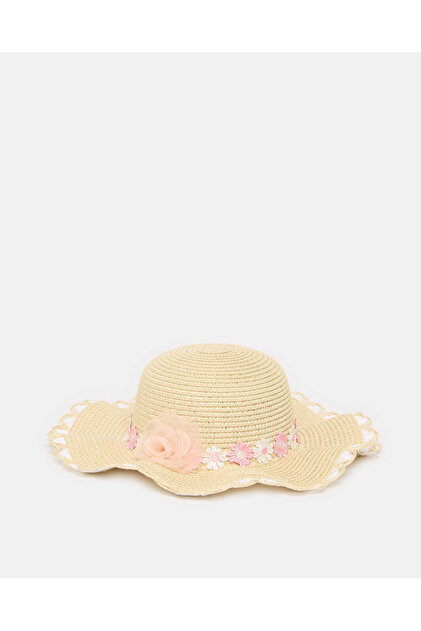 Girls Beige Floral Embellished Hat