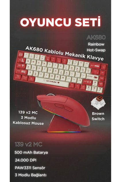139 v2 MC 3 Modlu Kablosuz Mouse + AK680 Kablolu Mekanik Klavye Oyuncu Seti