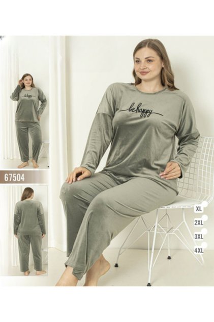 Women's light olive velvet pajamas - embroidered with the phrase "Be happy"