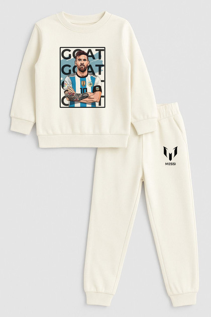 Football Player Lionel Messi Printed Crew Neck Ecru Children's Tracksuit Bottom Top Set