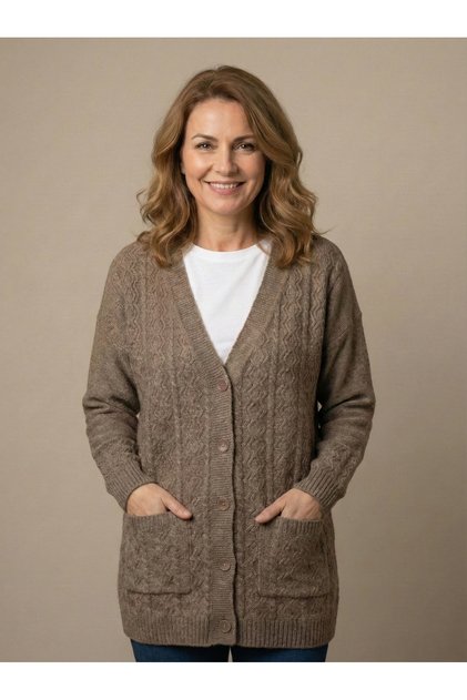 Cardigan de lână pentru femei, cu model din păr de nurcă, cu decolteu în V și buzunare cu nasturi