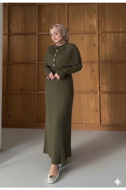 Women's Cape and Button Detailed Elastic Waist Tight Knit Pleated Hijab Long Knitwear Dress