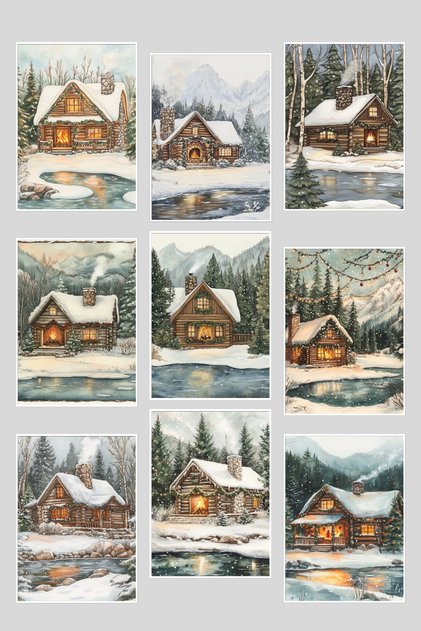 Rustic Winter Houses Themed 9-Piece Postcard Set