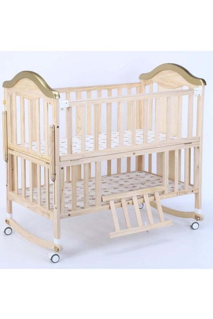 Crib Wood Multi-Purpose Rocking Baby Bed Height Adjustable With Side Doors And Mosquito Net 110x60