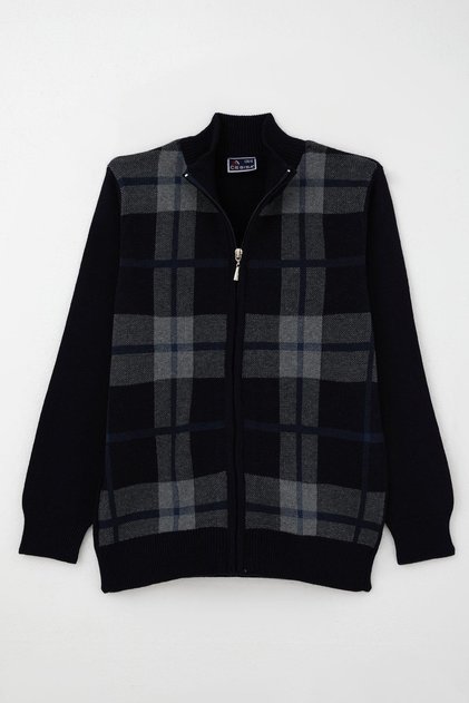 Boy's Knitwear Cardigan with Zipper, Plaid Pattern, Age 6-9, Navy Blue