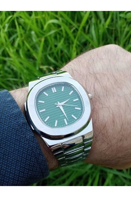 Pate Model Steel Strap Men's Wristwatch - Silver Case - Silver Color Strap - Green Color Dial