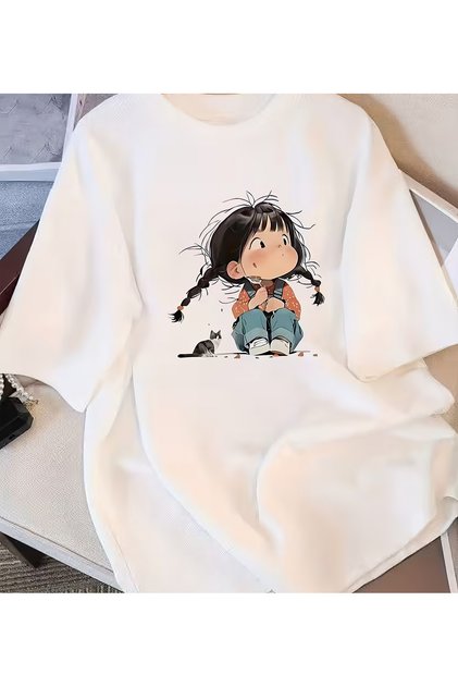 Cat and Girl T-Shirt Print