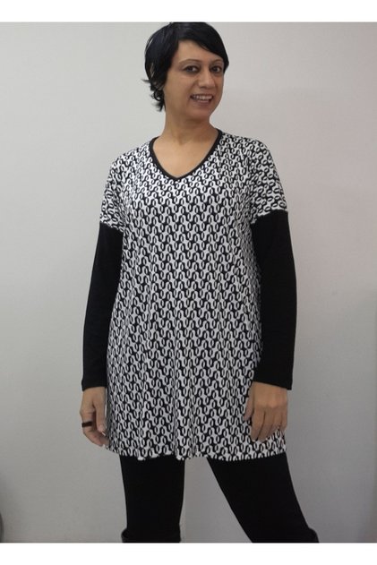 White with Black Pattern, Size Fits All, Low Long-Sleeved Combed Viscose T-Shirt