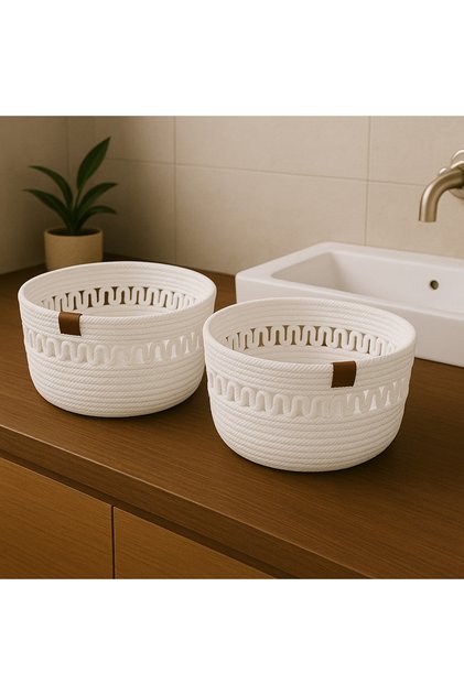 Jute Wicker Patterned 2-Piece Round Basket Organizer Bathroom Storage Basket Bread Basket